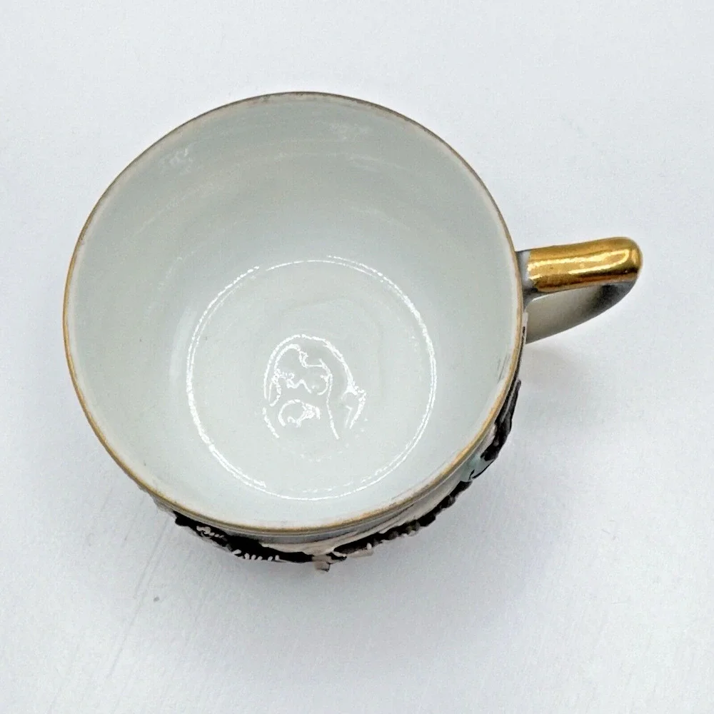 Vintage Geisha Lithophane Dragonware Small Teacup & Saucer Moriage Black Japan